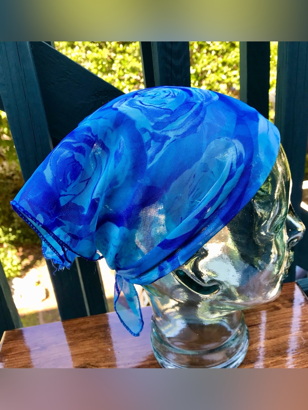 Ladies Sheer Blue Flower Scarf Head Wrap Bandanna Handkerchief Ascot Accessory